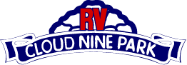 Logo for RV Cloud Nine Park featuring the red text 