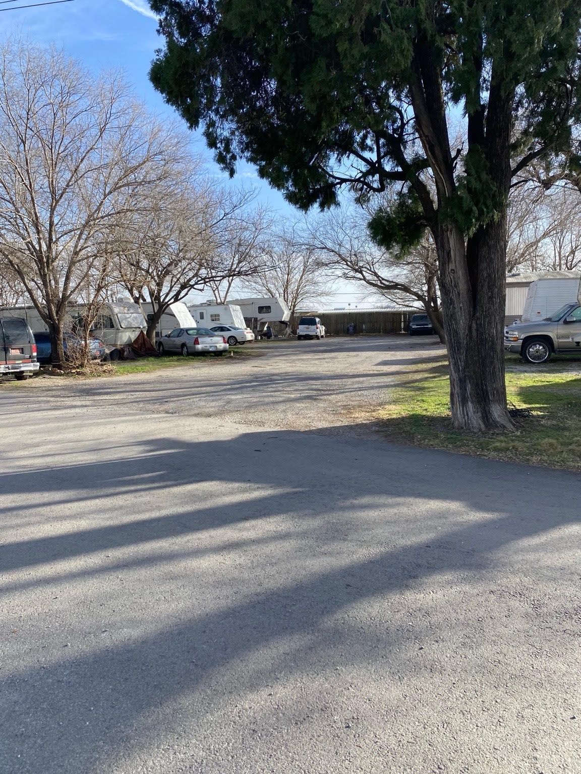 A gravel lot with several parked cars and RVs, bordered by bare trees under a clear blue sky.
