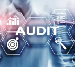 A man in a suit is standing in front of a screen that says audit.