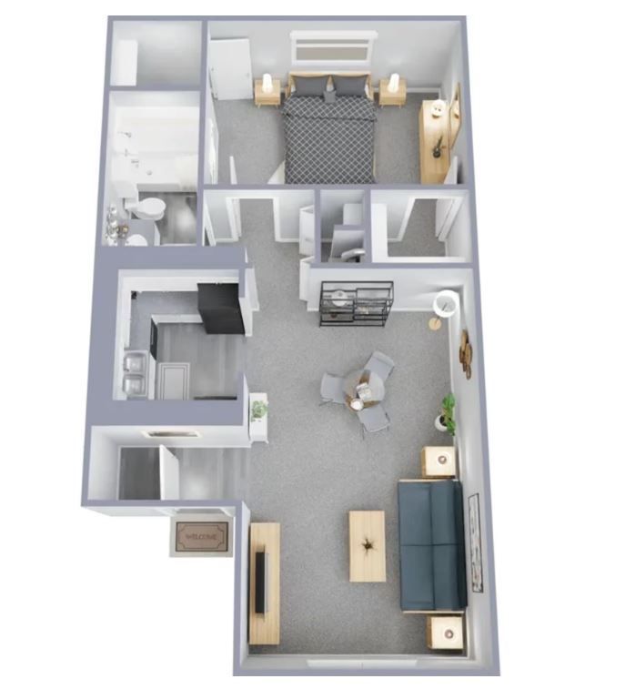 a floor plan of a house with a welcome mat in the corner
