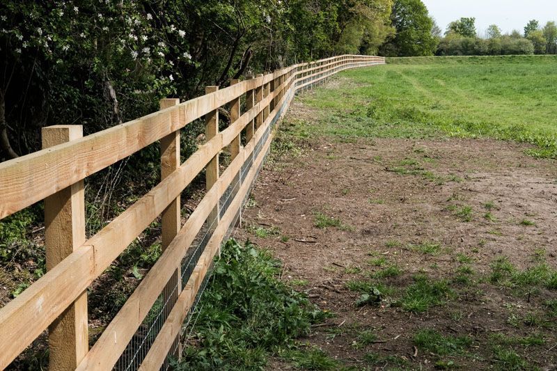 A wooden post-and-rail fence with wire mesh lines the edge of a green pasture next to a line of trees.