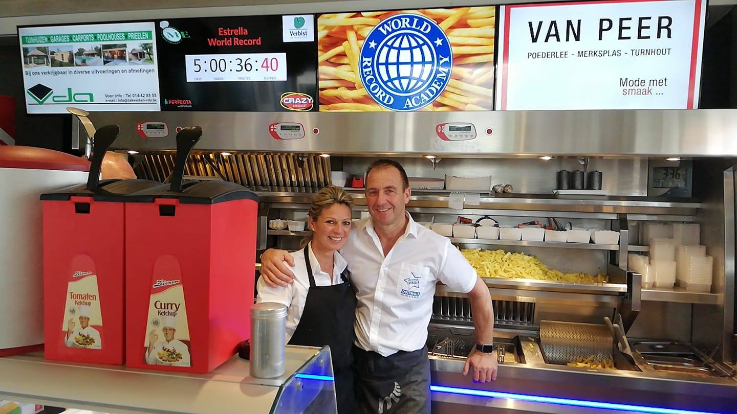 Luc Driesen, who runs the chippie ‘Friteria Estrella’ in the town of  Malle in the Belgian province of Antwerp, has become the new world  record holder for the Longest French Fries Cooking Marathon  after preparing the country’s favorite snack for a total  of five days, six hours and 15 minutes, according to the World Record Academy.
