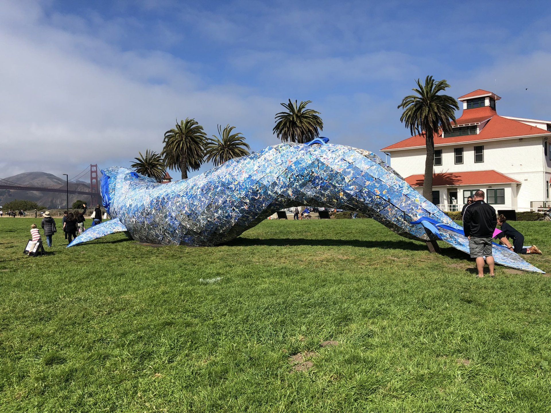  A life-size whale sculpture, located at the Monterey Bay Aquarium in San Francisco, was made to highlight the issue of ocean pollution and the amount of  plastic that gets dumped into the sea, is made up of recycled materials  such as plastic bottles, re-used toys and milk jugs;  it has measurements of 84 feet, 11.6 inches long; 26 feet, 5.8  inches wide and reaches a height of 13 feet, 9.6 inches tall, setting the world record for the Largest Recycled Plastic Sculpture (Supported).