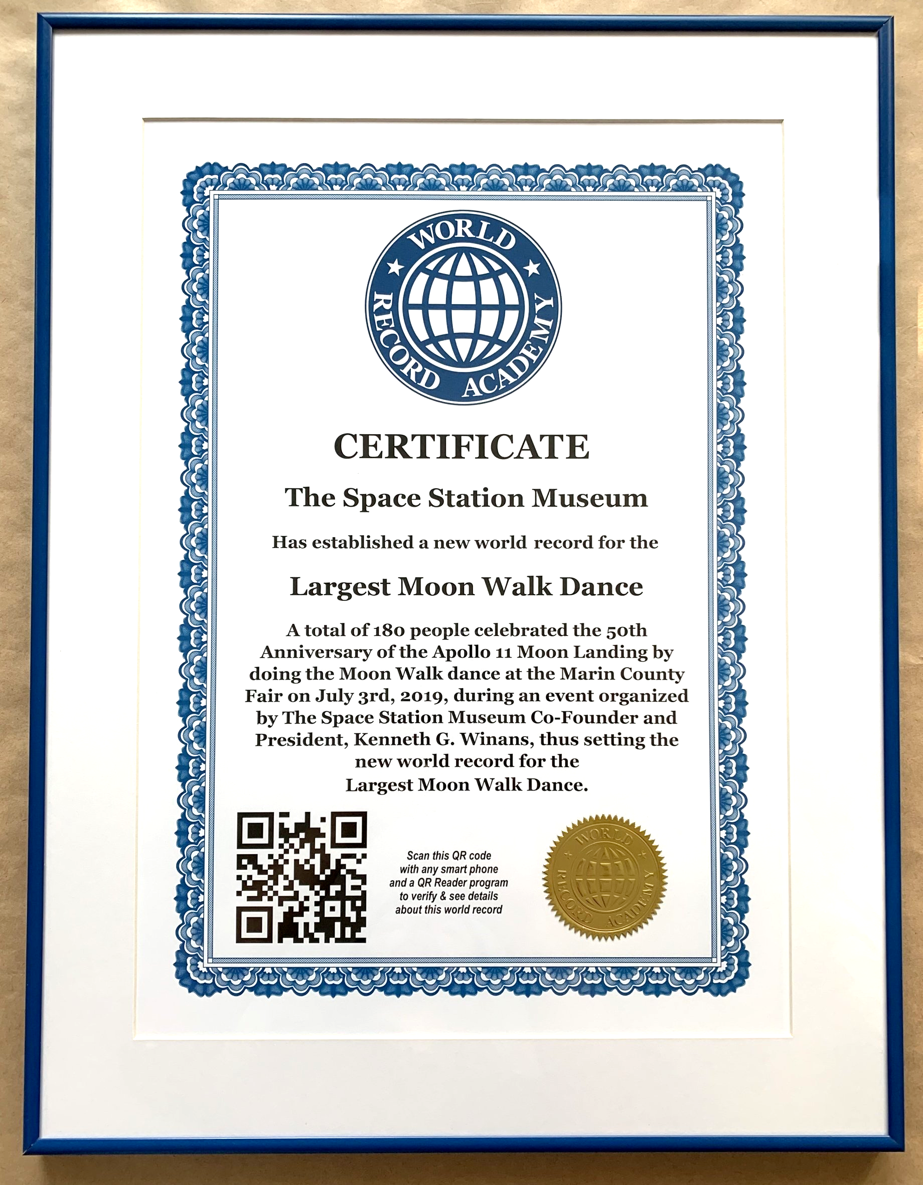 A total of 180 people celebrated the 50th Anniversary of the Apollo 11 moon landing  by doing the Moon Walk dance at the Marin County Fair on July 3rd, 2019, during an event organized by the Space Station Museum, thus setting the new world record for the Largest Moon Walk Dance, according to the World Record Academy.