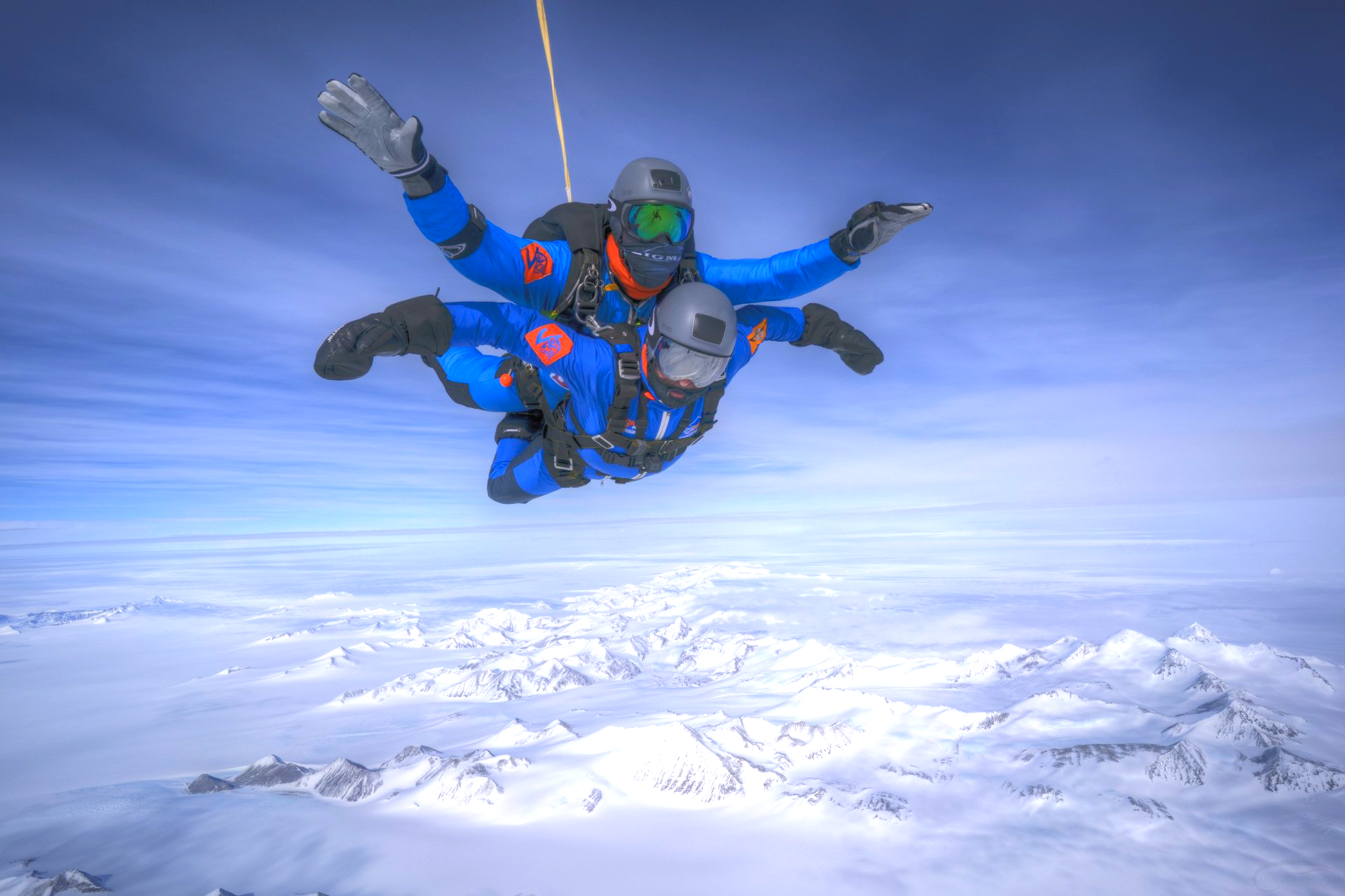 Fastest time to tandem skydive all seven continents: James C. Wigginton and Thomas J. Noonan lll set world record / Antarctica. Union Glacier