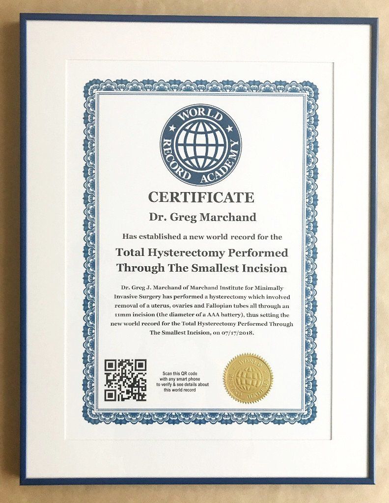 Dr. Greg J. Marchand   of   Marchand Institute for Minimally Invasive Surgery   has performed a hysterectomy   which involved  removal of a uterus, ovaries and Fallopian tubes all through an 11mm incision  (the diameter of a AAA battery), thus setting the new world record for the Total Hysterectomy Performed Through The Smallest Incision, according to the Academy Of World Records.