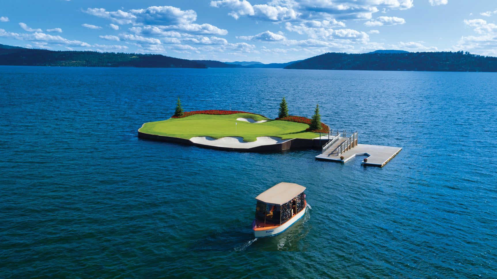 World's First Floating, Movable Island Golf Green, world record in Coeur d'Alene , Idaho
