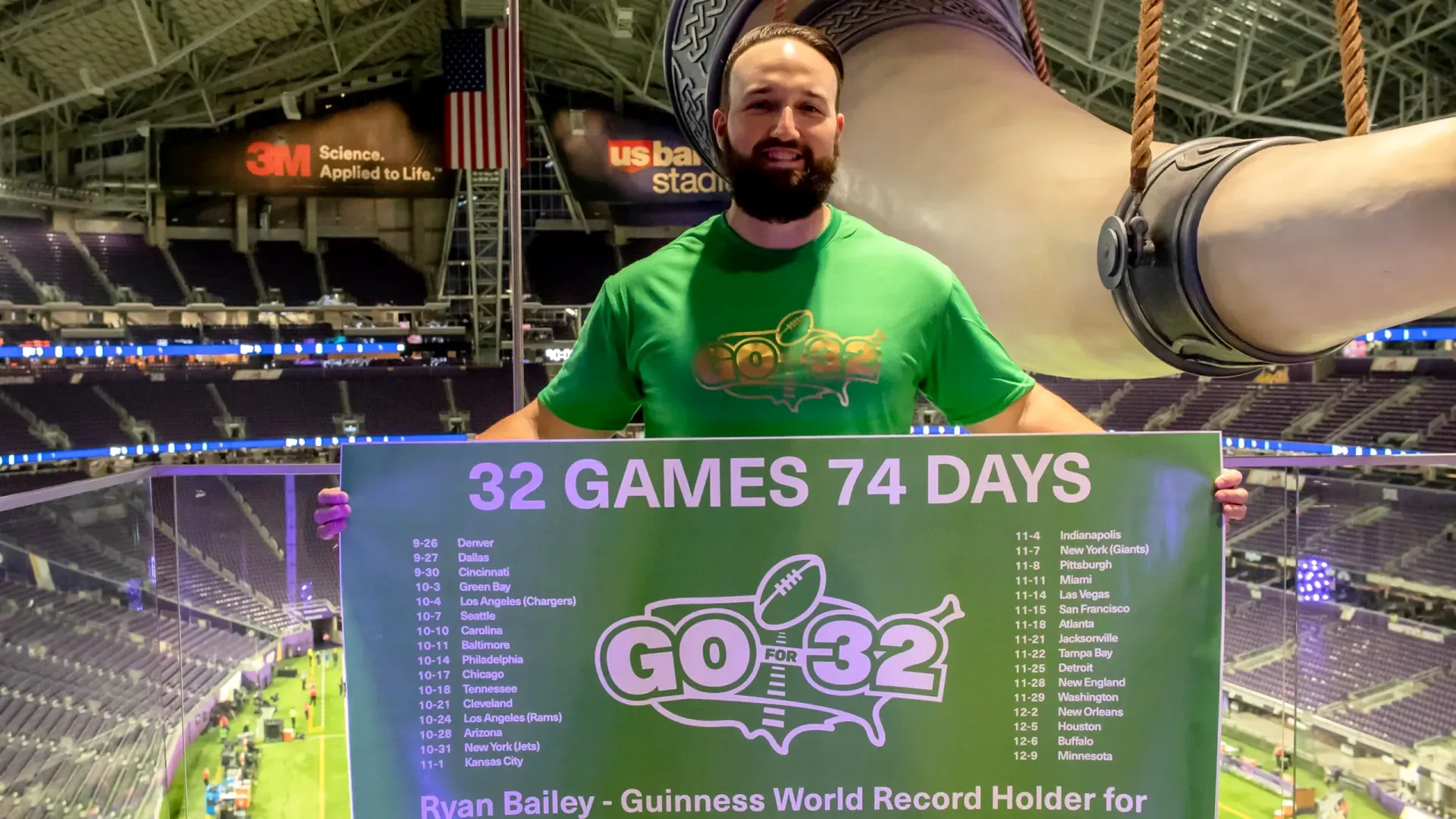 Fastest time to visit all NFL stadiums, world record set by John Ryan Bailey