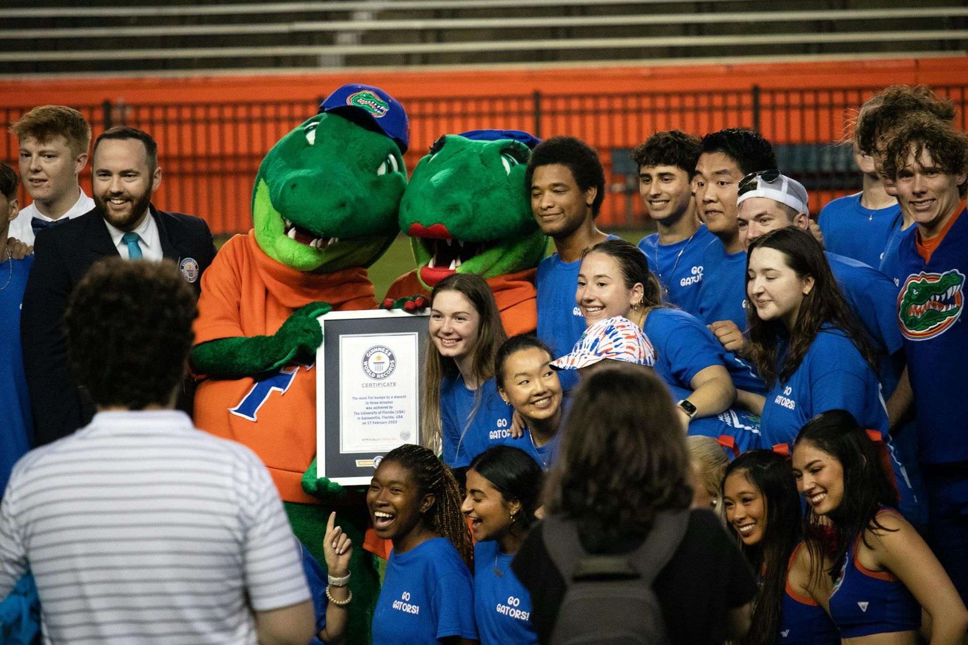 Most fist bumps by a mascot in three minutes, world record by the University of Florida
 