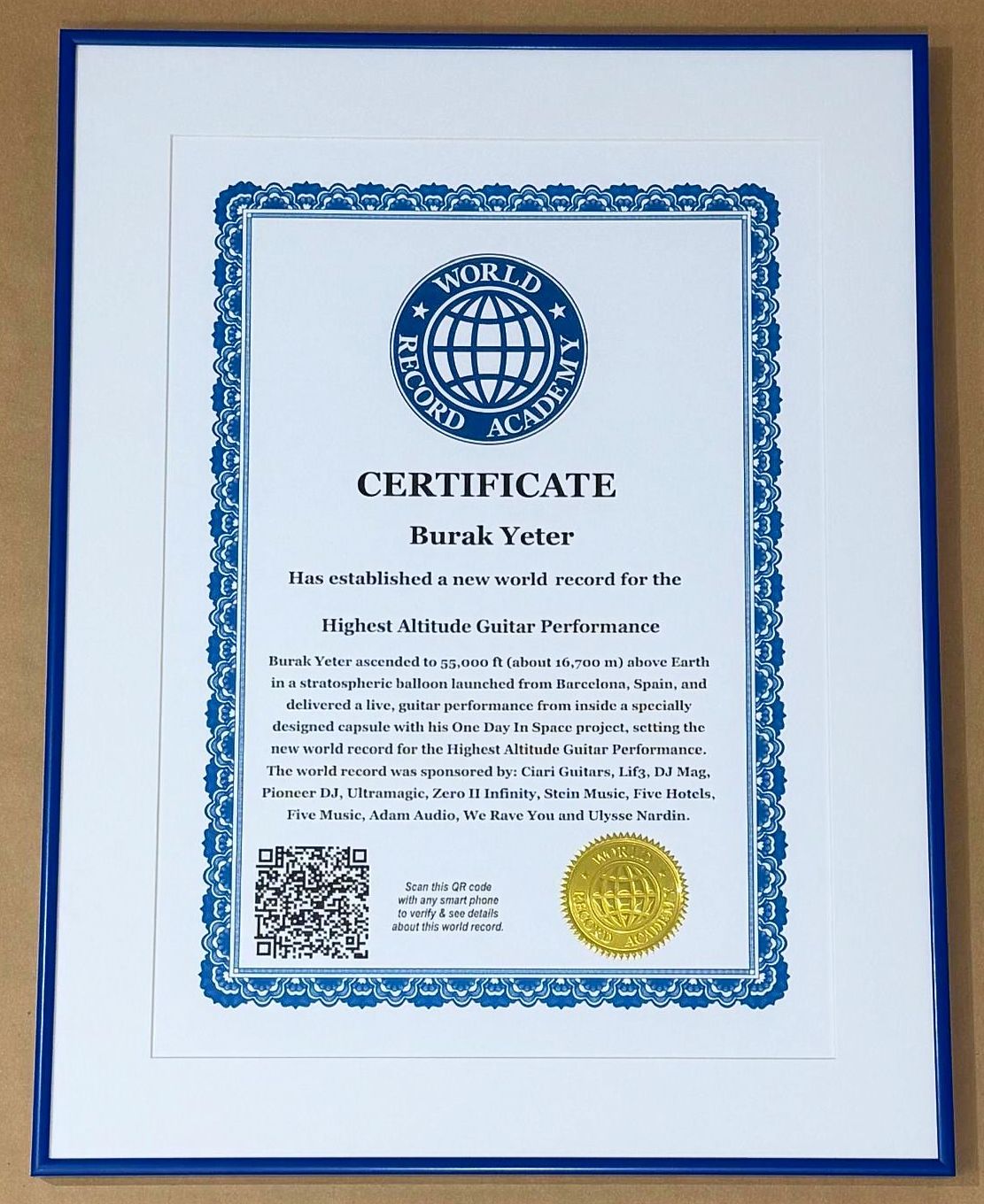 Highest Altitude Guitar Performance, world record set by Burak Yeter