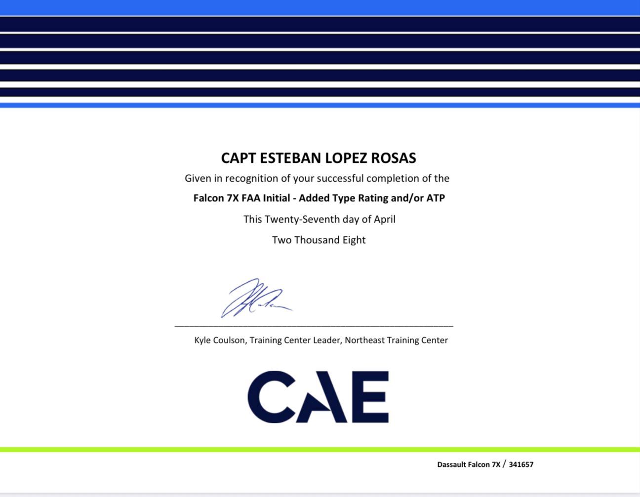 Youngest Airline transport Pilot in command Falcon 7X, world record set by Captain Esteban Lopez Rosas