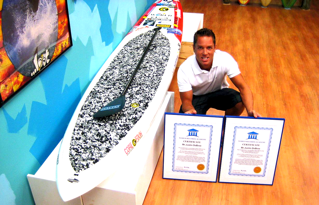 Most miles paddled in 24 hours on Stand Up Paddle Board -world record set by Justin DeBree