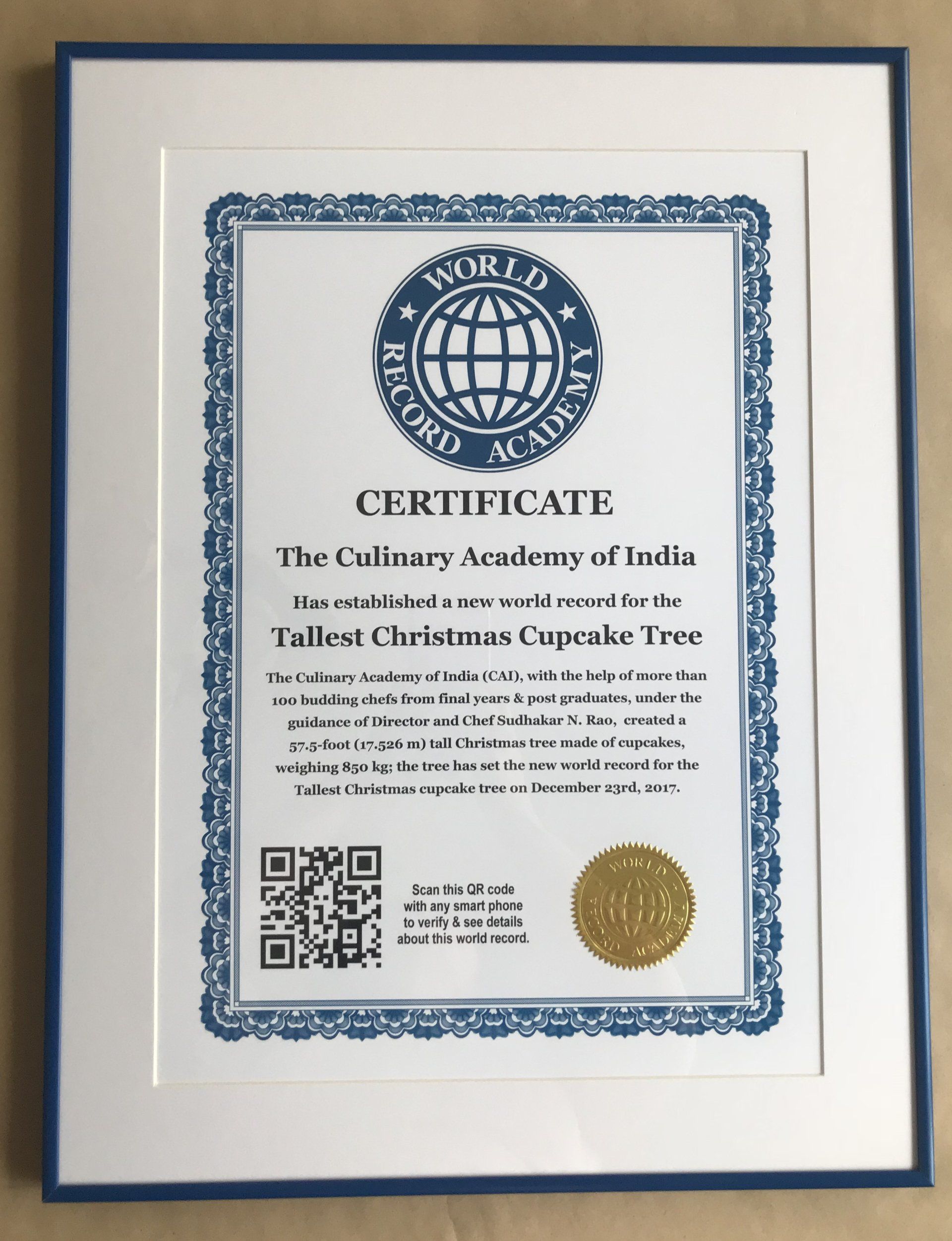 world record certificate for the Tallest Christmas cupcake tree.