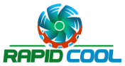 A logo for rapid cool with a fan in the middle.