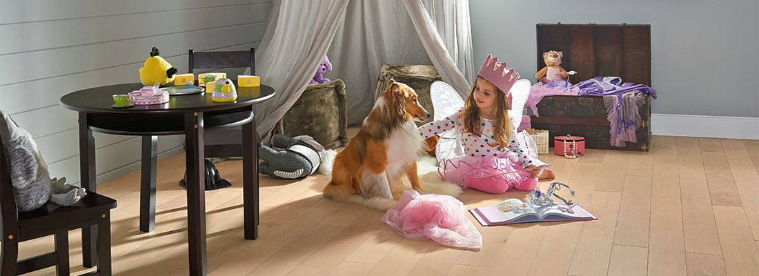 Toddlers Playing on Floor With Dog — Oklahoma City, OK — Temple Johnson Floor Company