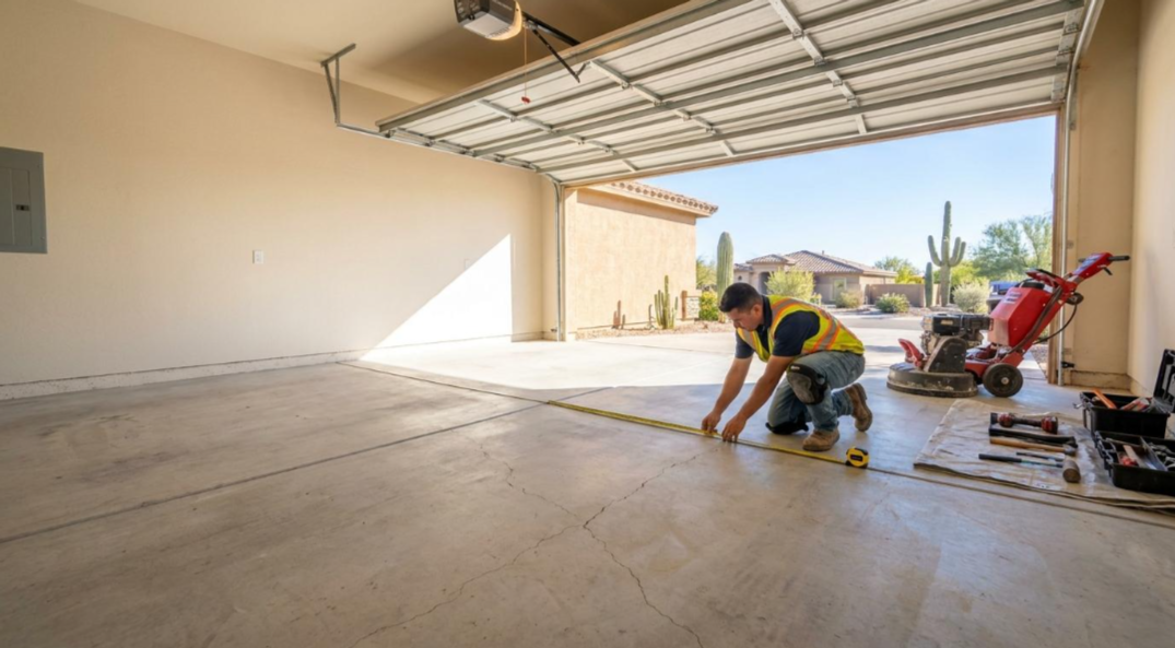 Worker smoothing concrete floor in an open garage, with tools and equipment nearby.