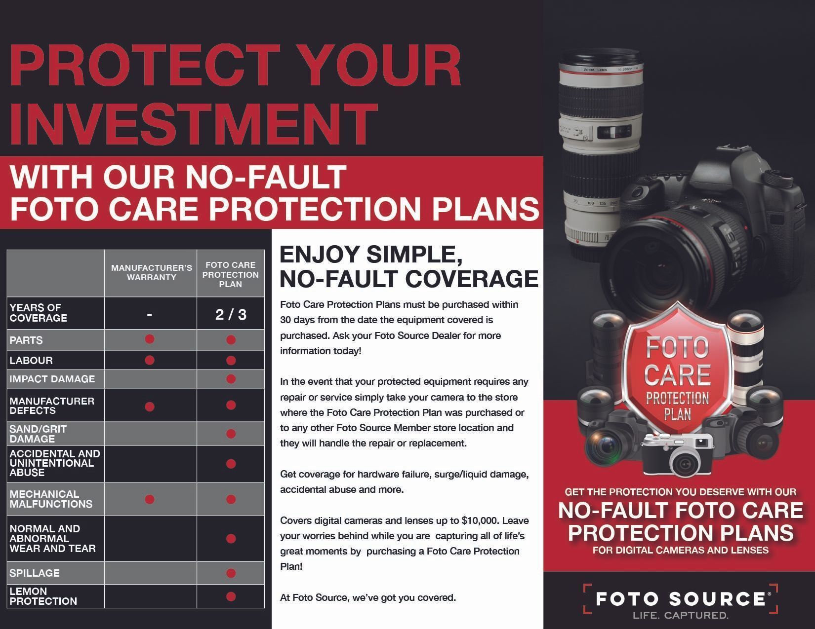 Publicité rouge et noire pour FOTOSOURCE: protégez votre investissement avec plan de protection photo