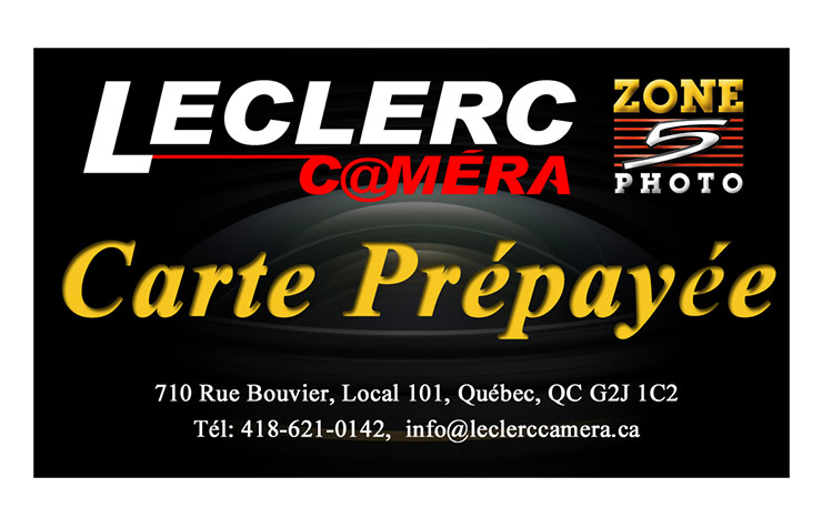 Publicité pour une carte-cadeau Black Leclerc Camera Zone Photo avec texte blanc et jaune et informations de contact du magasin