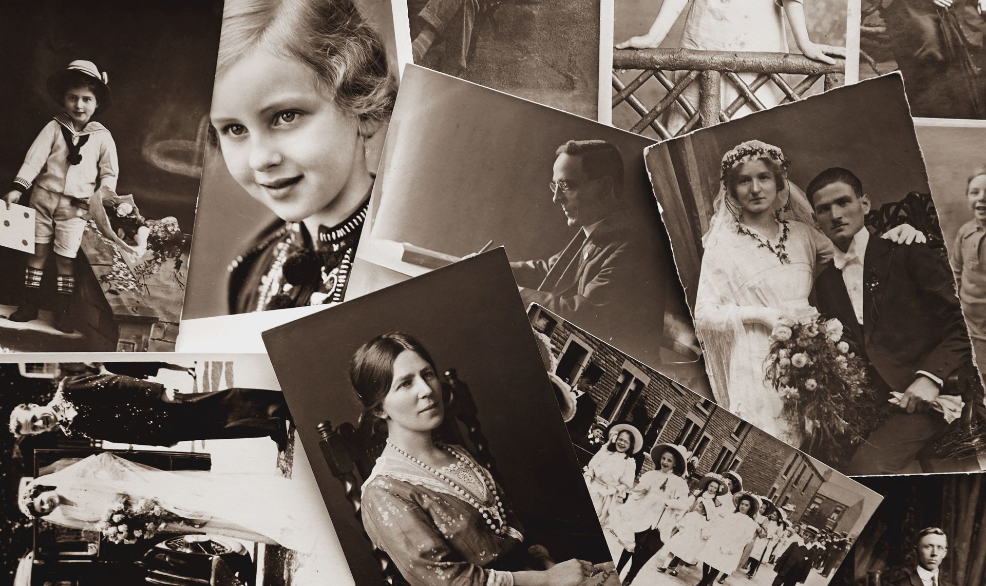 Un collage de photos vintage en noir et blanc, comprenant des portraits, des photos de couples et une scène d'enfance.