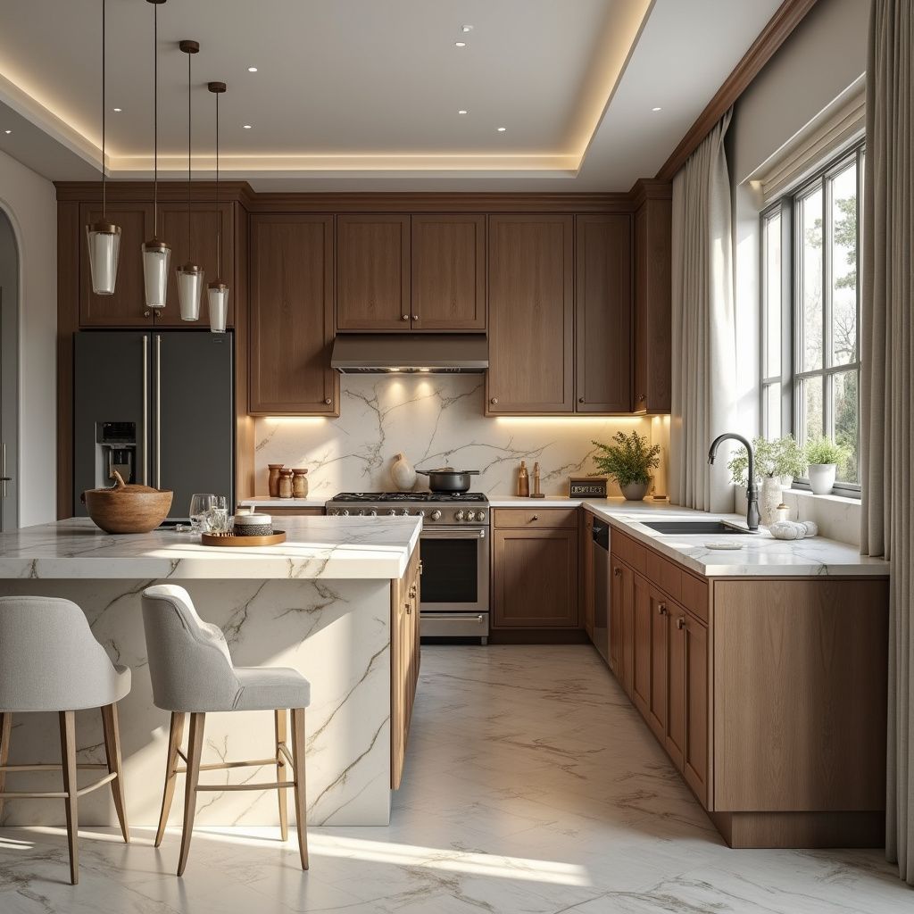 A modern kitchen with wood cabinets, marble countertops, stainless steel appliances, and a large island with two bar stools.