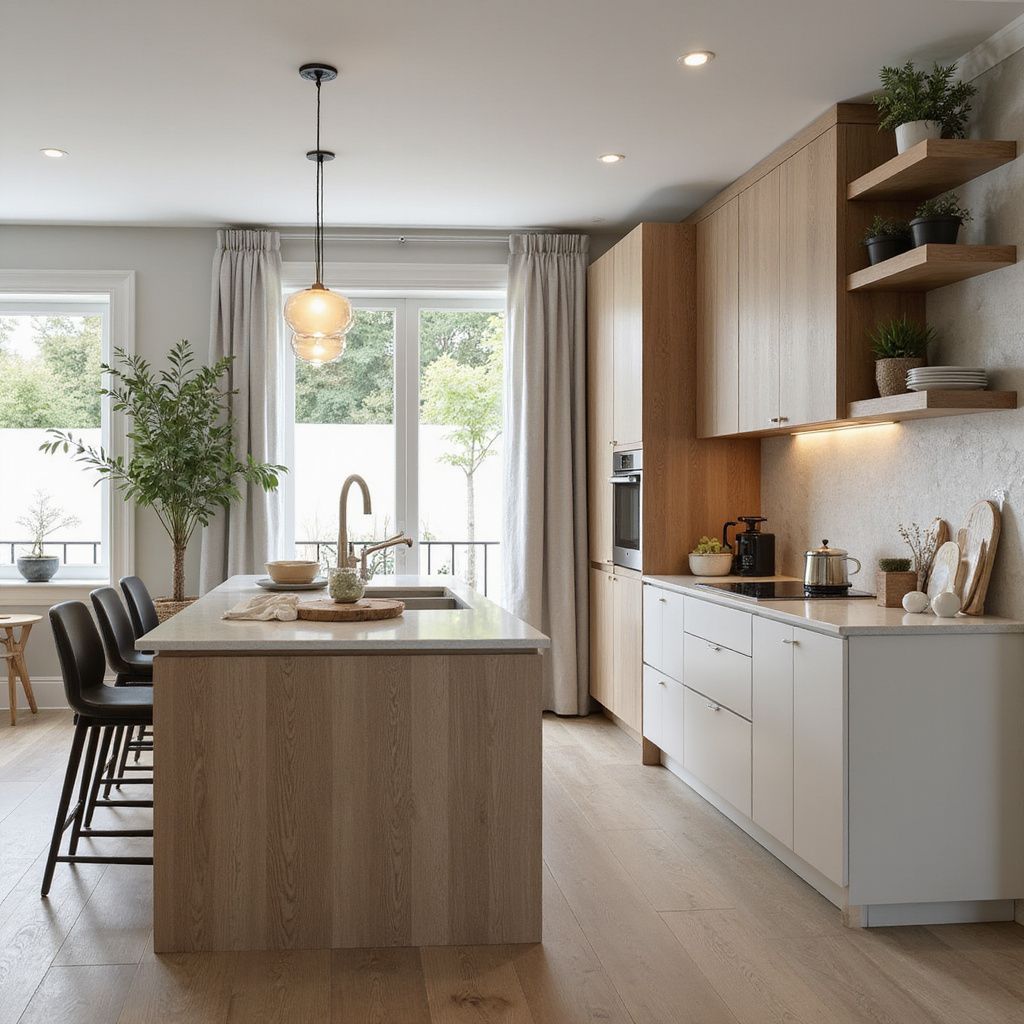 Modern kitchen with light wood cabinetry and island; windows, plants, and black bar stools.