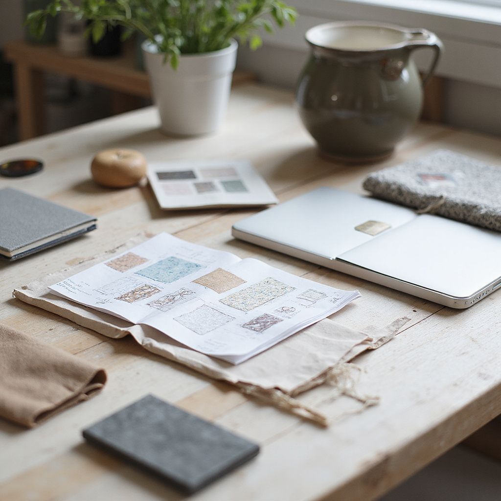 Wooden table with notebook, color swatches, plant, mug, and other design elements.