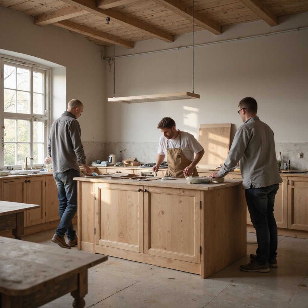Three people in a light-filled workshop, examining a large wooden island with tools.
