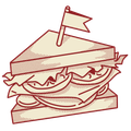 Sandwich with a flag, layered with lettuce, tomatoes, and meat.