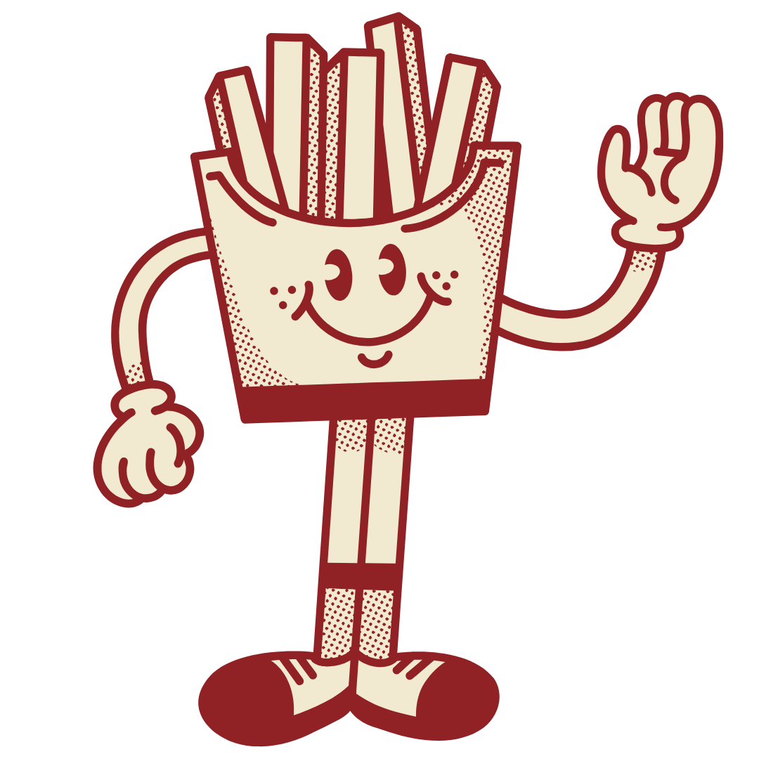 Friendly cartoon french fries in a container waving, with a smiling face and arms.
