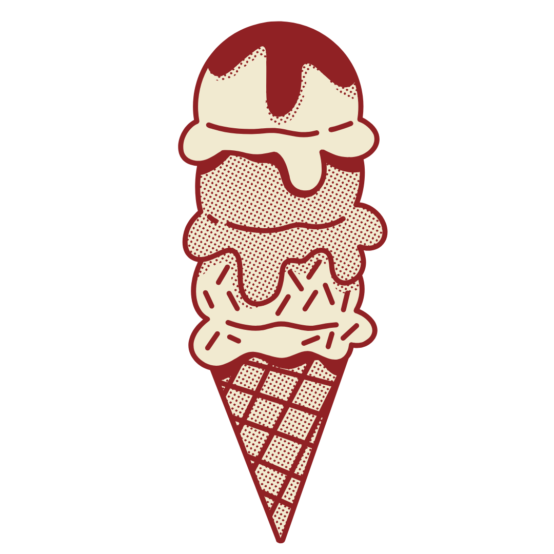 A three-scoop ice cream cone with chocolate sauce and sprinkles.