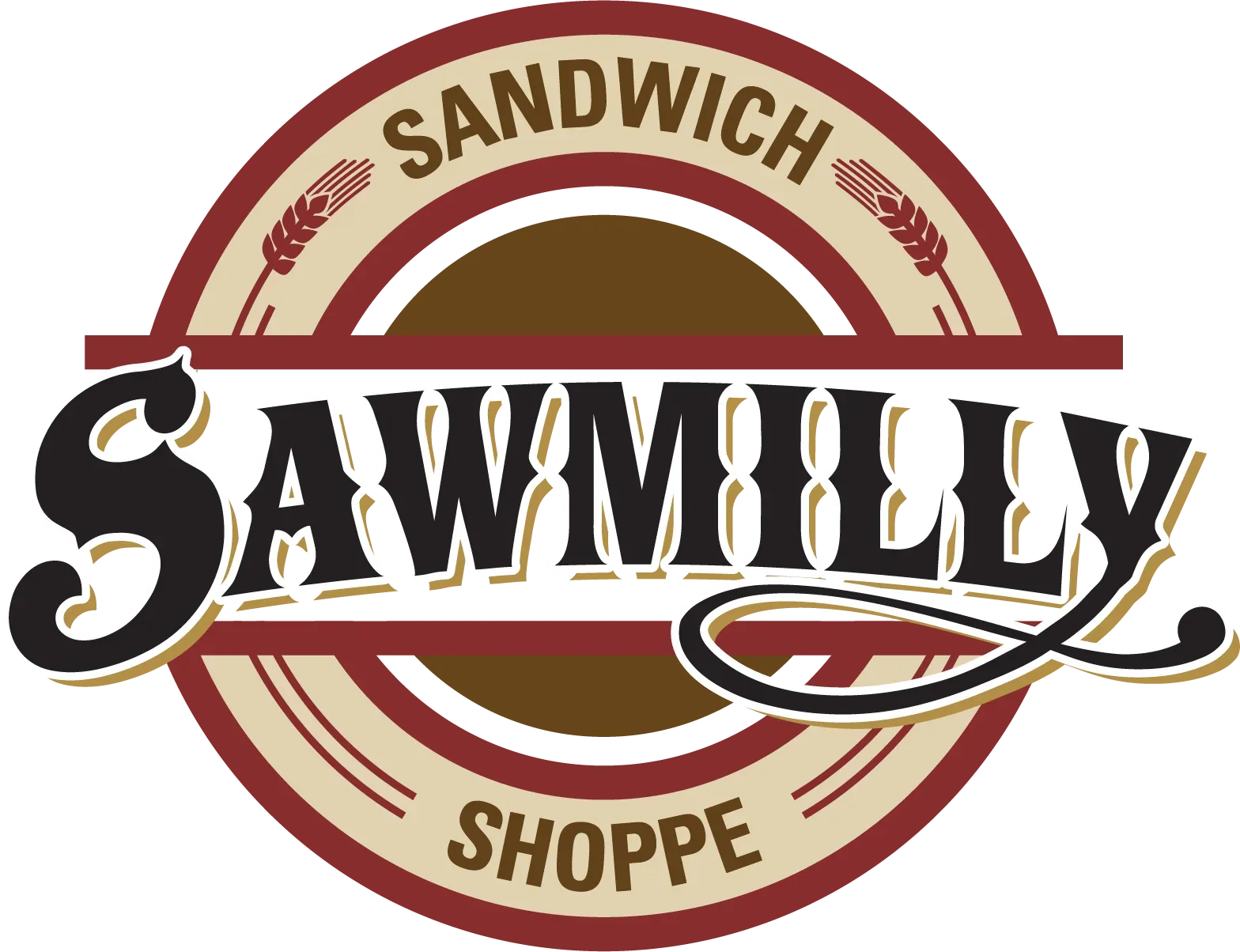Sawmilly Sandwich Shoppe logo: circular design with text and wheat accents, brown, cream, and red tones.