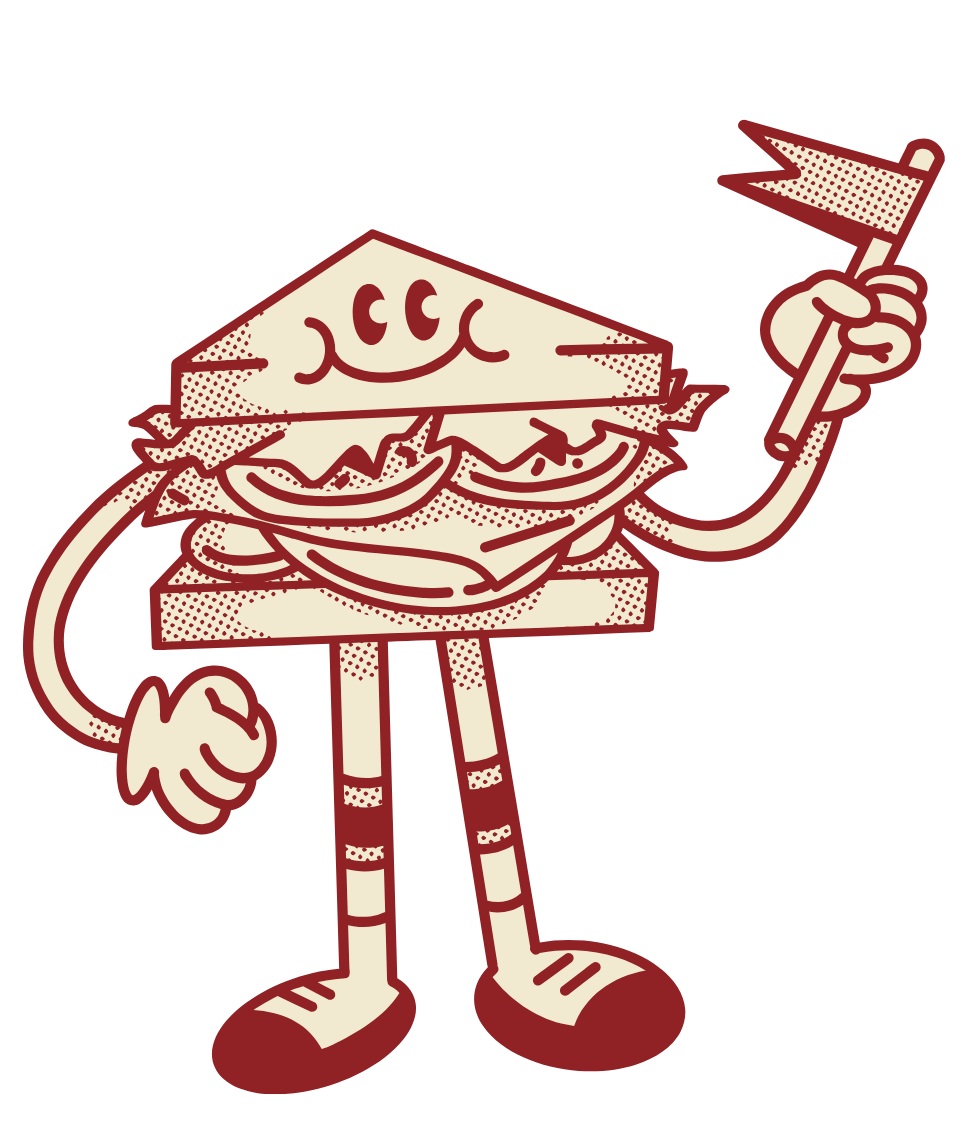 Cartoon sandwich character holding a flag, smiling, and wearing sneakers.
