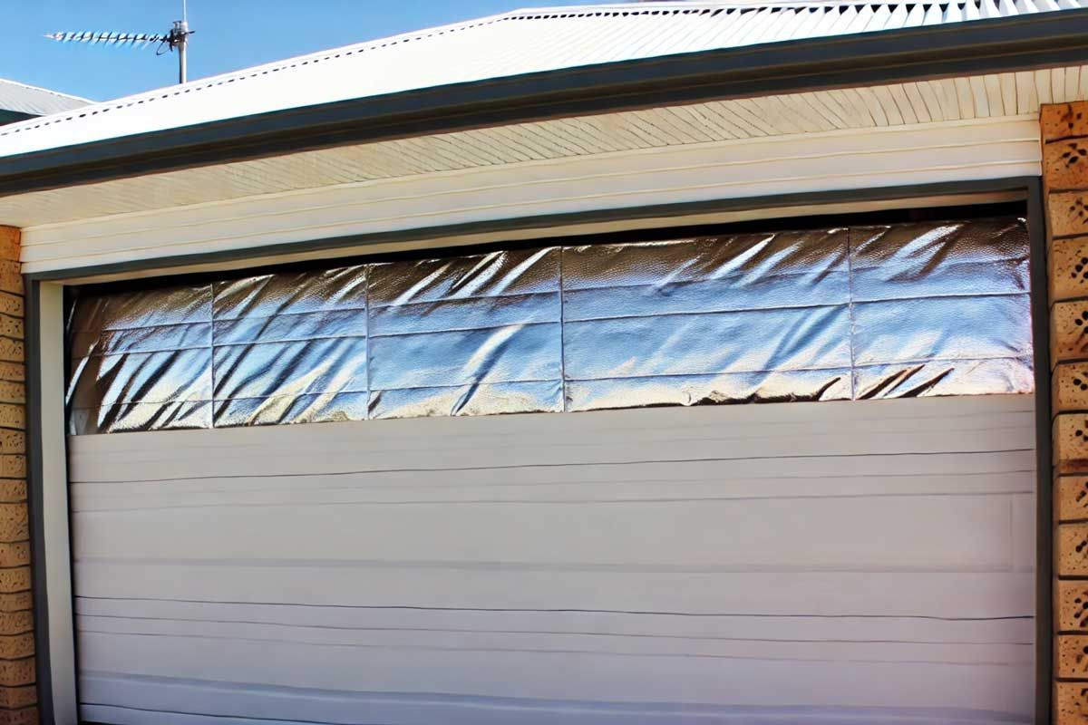 A white garage door with aluminum foil on it