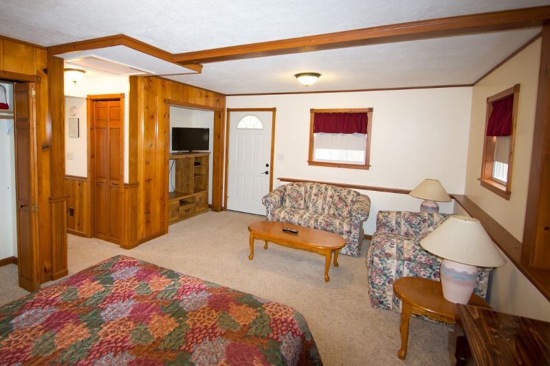 A living room with a bed couch and table