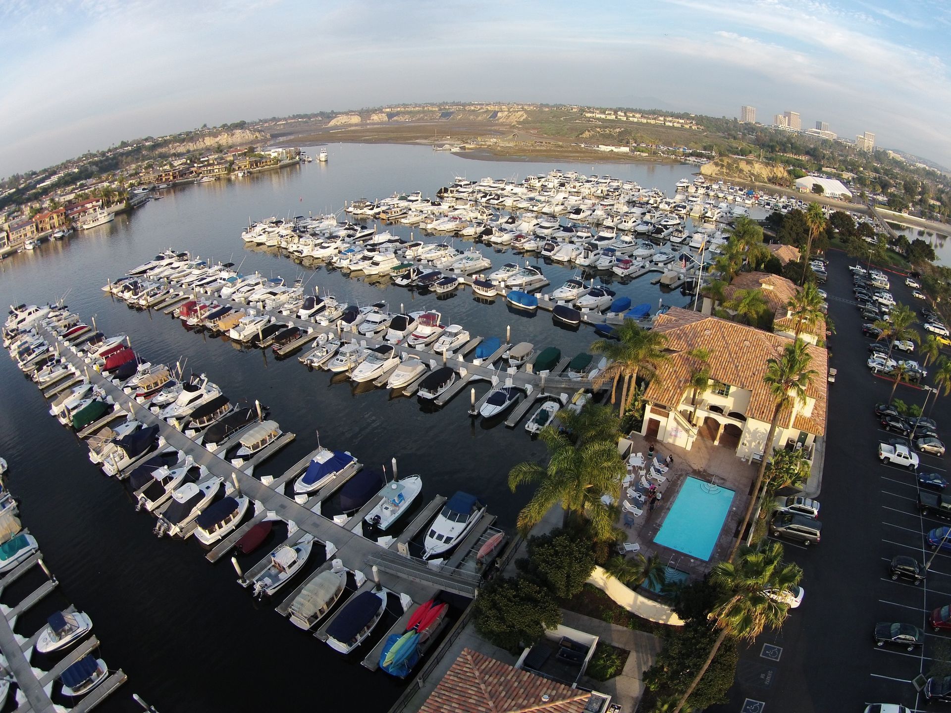 Aerial View of the marina, office and clubhouse, pool and spa.