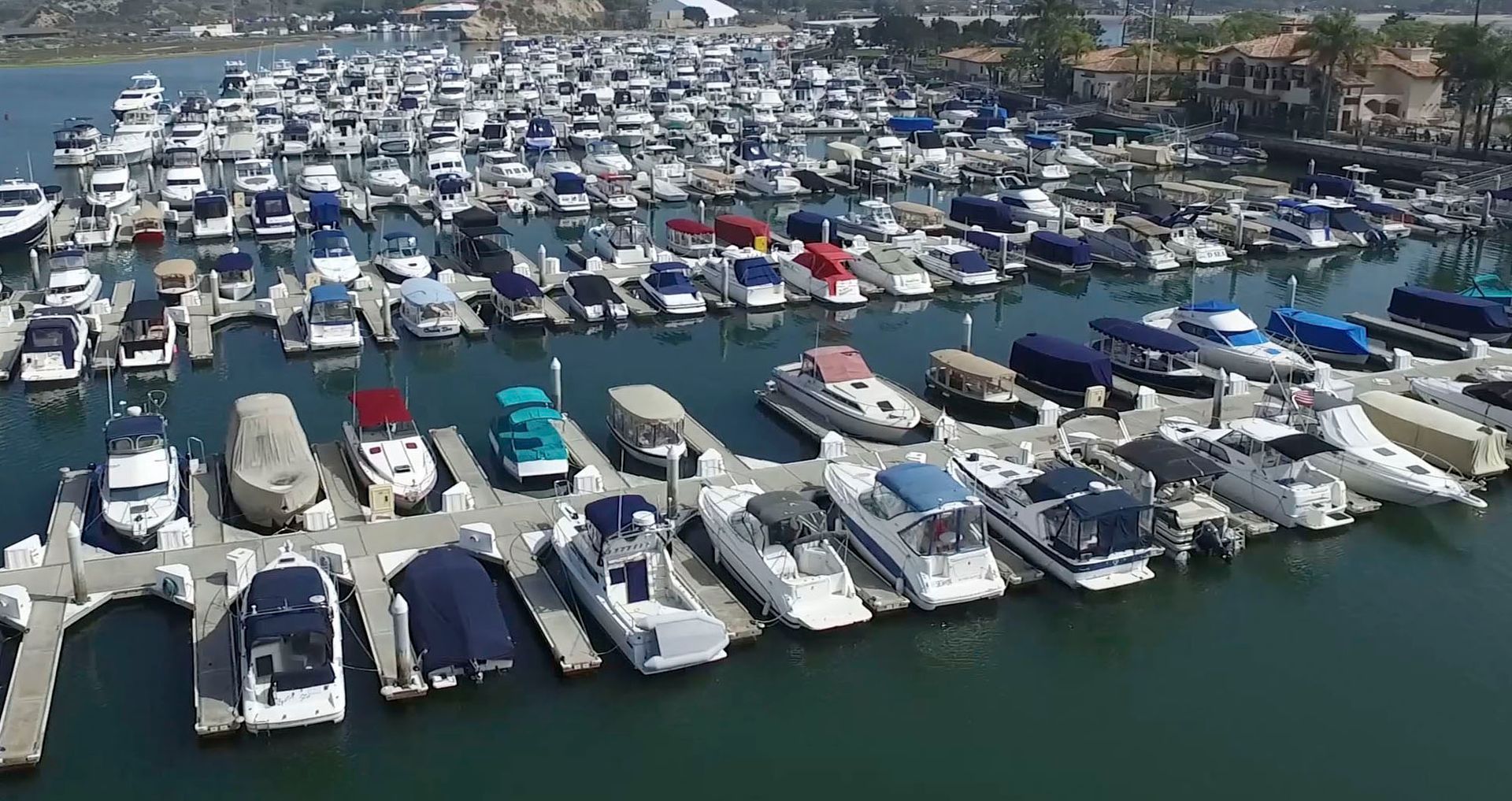 Aerial view of docks at Newport Dunes Marina 