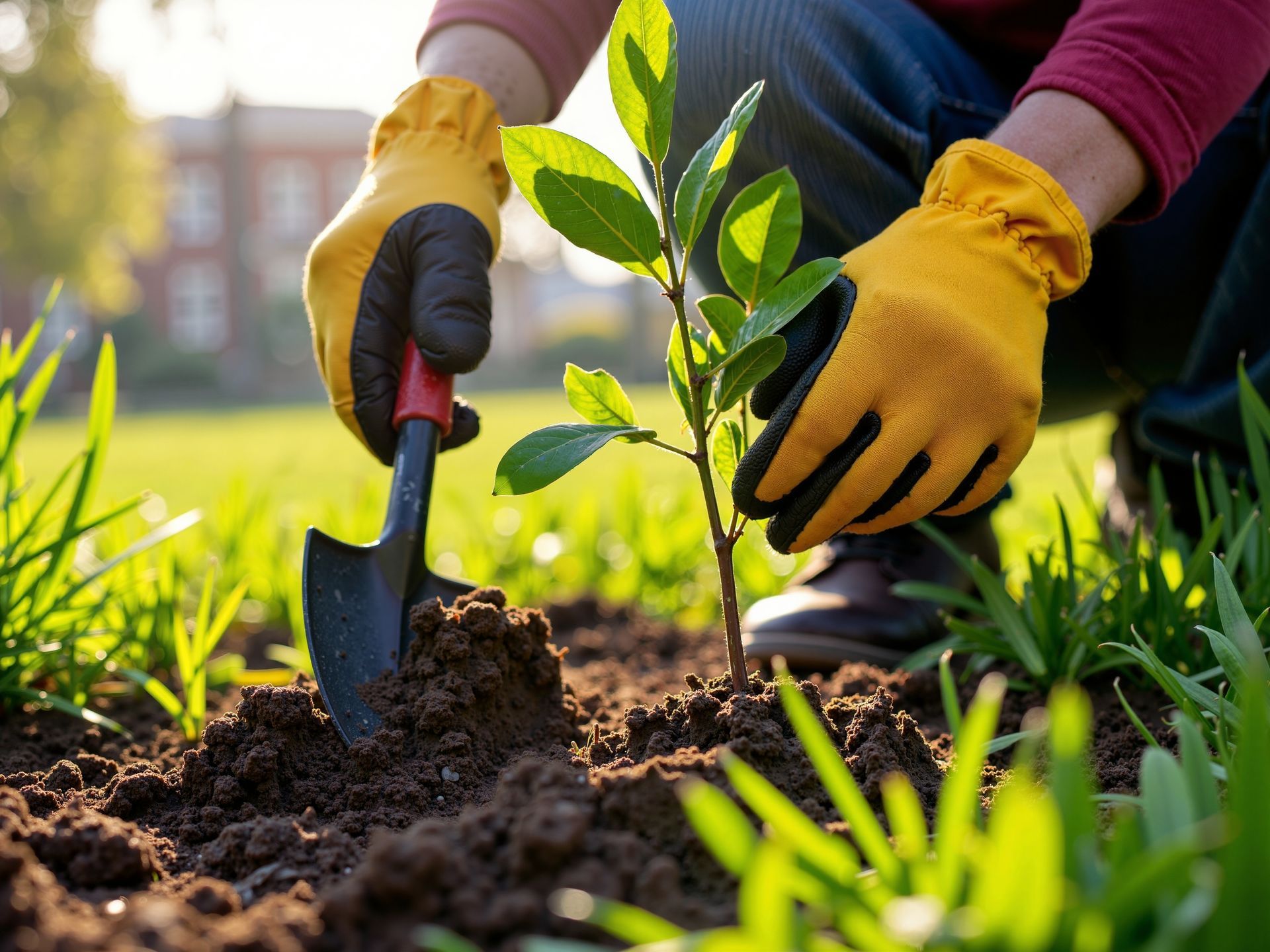 Person planting a tree with a trowel, wearing yellow gloves, in a sunny grassy setting.