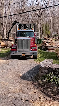 Red logging truck parked on a gravel driveway, logs nearby, trees in the background.