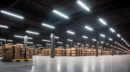 A large warehouse filled with lots of boxes and lights.