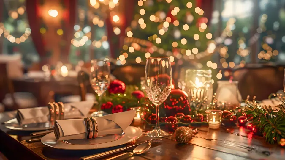 Cena navideña en Villavicencio con velas y luces, un plan ideal para disfrutar diciembre cerca del Hotel Campestre La Potra.