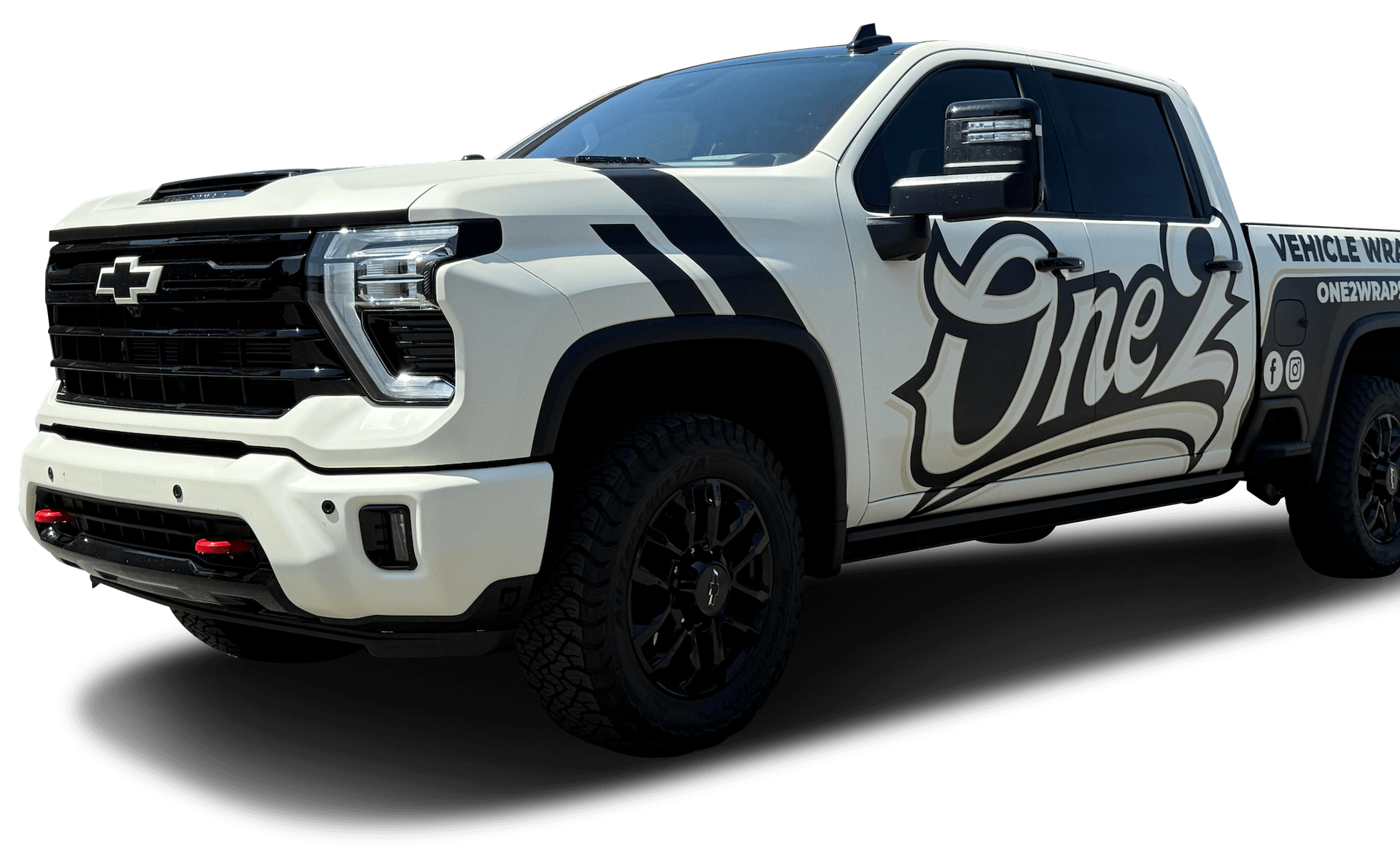 A white truck with the word one 's on the side is parked on a white background.