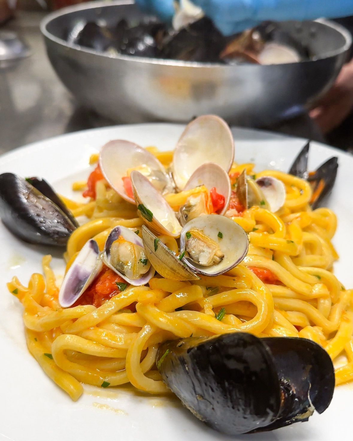 Piatto di pasta con vongole e cozze; salsa all'arancia, piatto bianco, ciotola in acciaio inox con altre cozze.