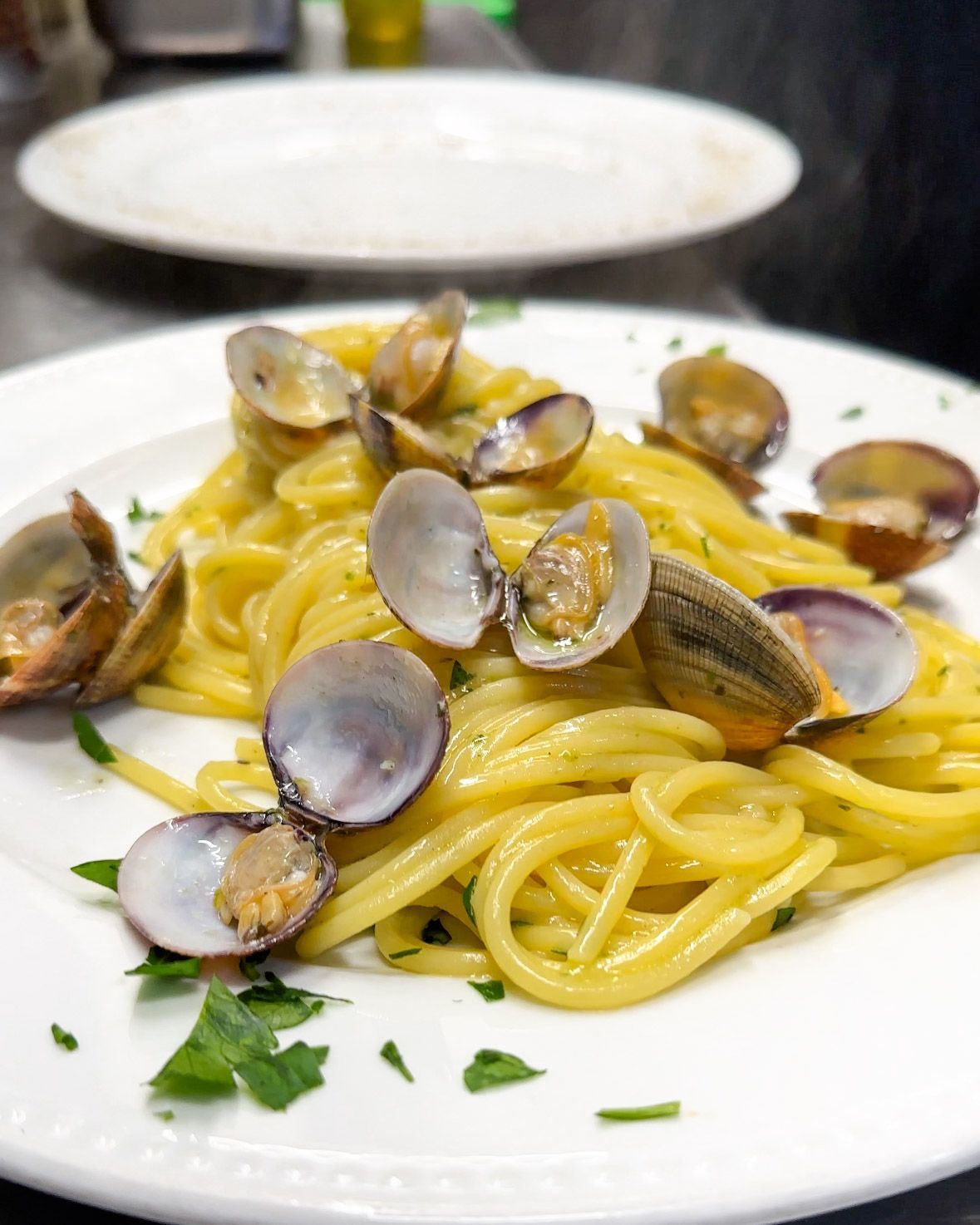 Spaghetti alle vongole su un piatto bianco, guarnito con prezzemolo.