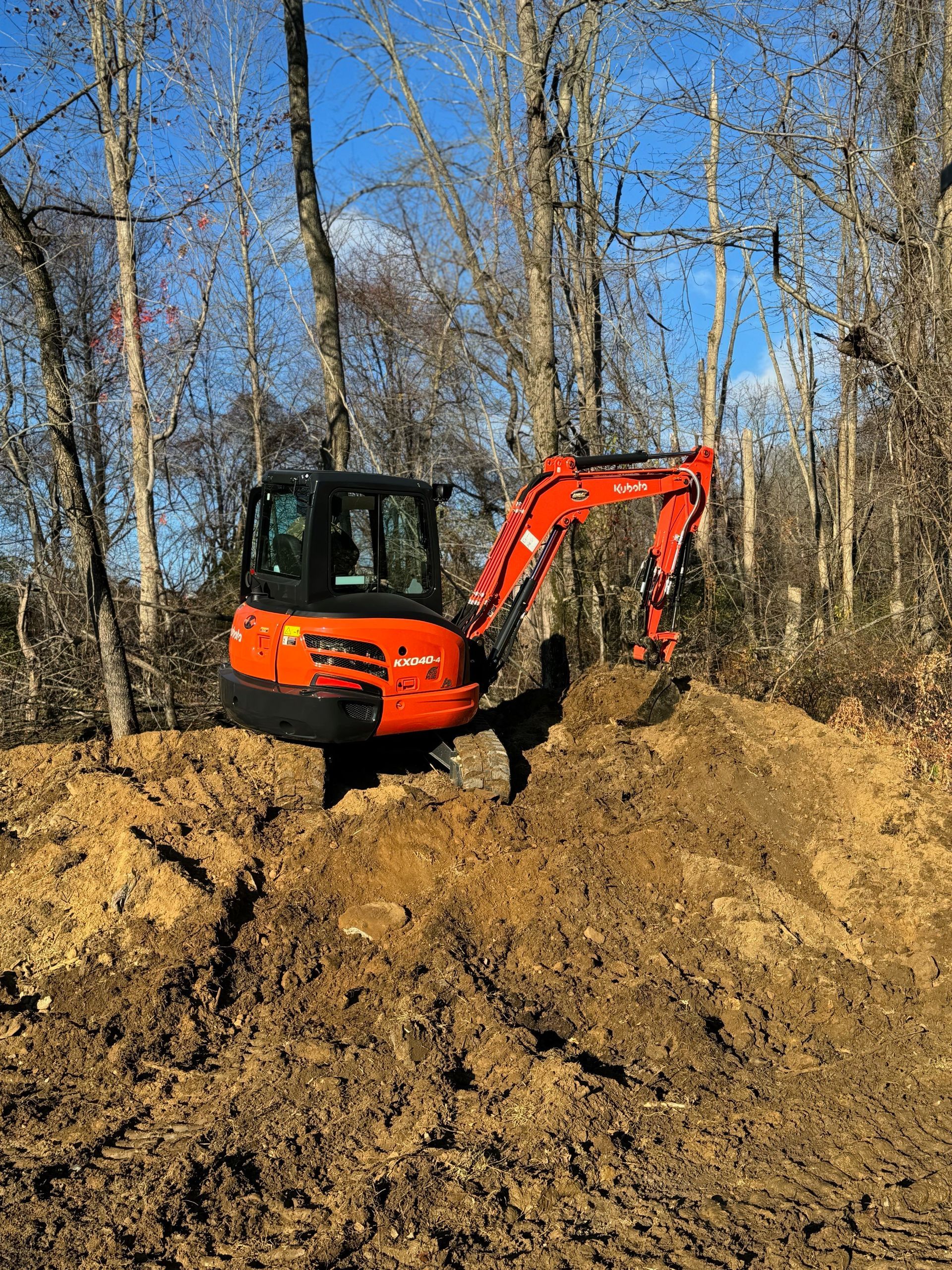 A red excavator is sitting on top of a pile of dirt in the middle of a forest.