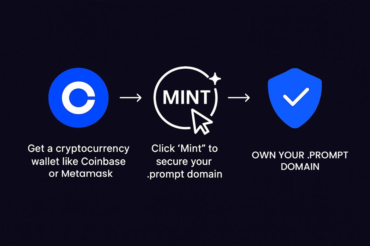 Diagram illustrating how to obtain a .prompt domain: from a cryptocurrency wallet to minting, ending with owning the domain.