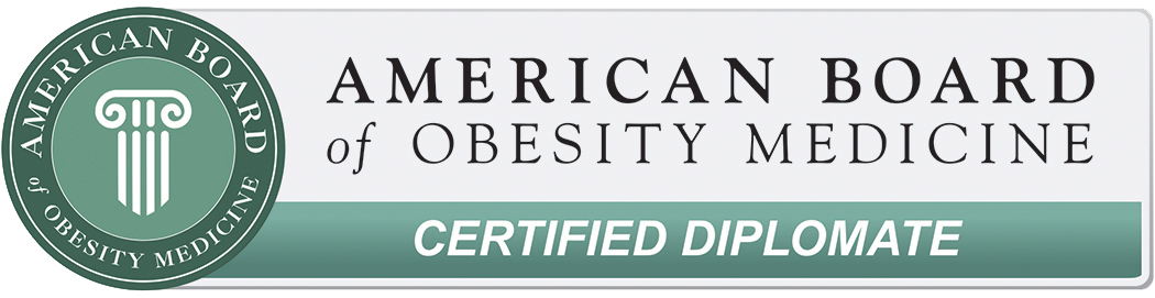 American Board of Obesity Medicine Certified Diplomate logo. Features a green seal and text on a white background.