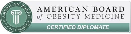 American Board of Obesity Medicine Certified Diplomate logo. Features a green seal and text on a white background.