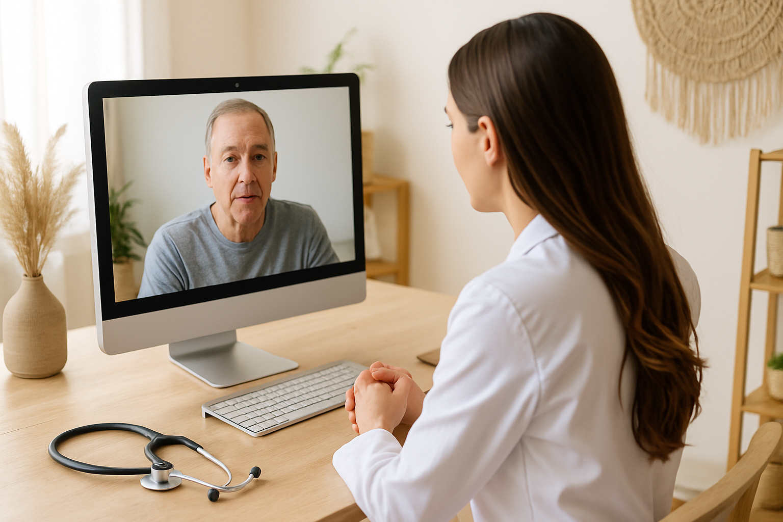 Woman in lab coat consults with a patient on a computer screen; a stethoscope rests on the desk.