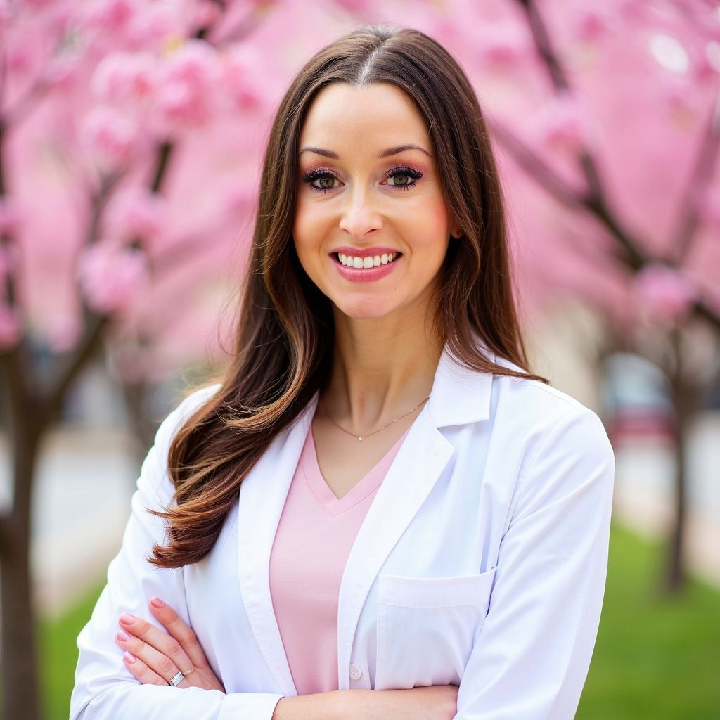 Woman in white lab coat smiles in front of pink blossoms.