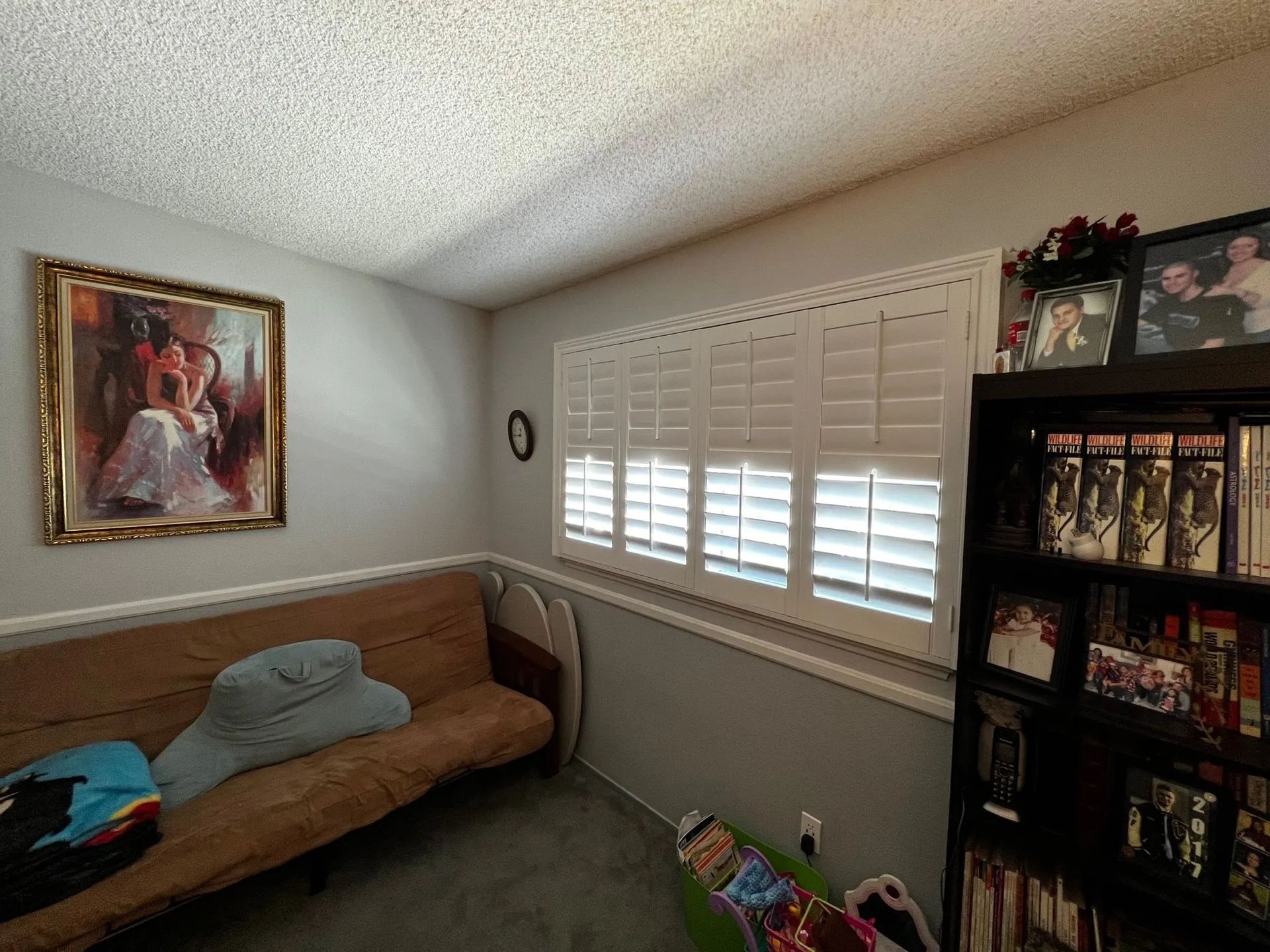 A room with a sofa, shutters, painting, bookshelf, and a surfboard.